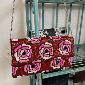 New Gift Idea Red Pink Floral Beaded Clutch with Chain Strap pearl hair clip